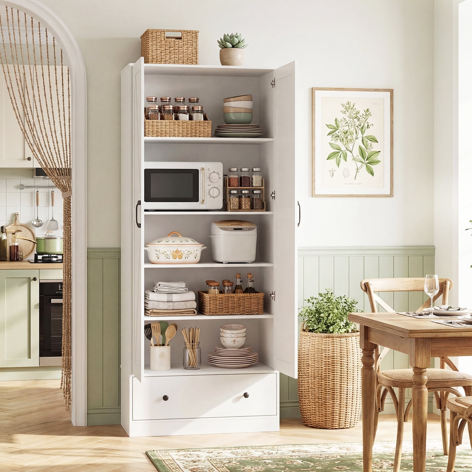 Costway 72" Tall Kitchen Pantry Cabinet, Farmhouse Wooden Cupboard with 2 Doors, Drawer White