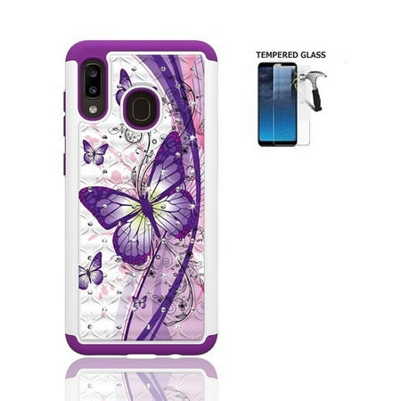 For Samsung Galaxy A20 /A205G / A30 Case, Studded Crystal Bling Cover Case + Tempered Glass Screen Protector (White Purple Butterfly)