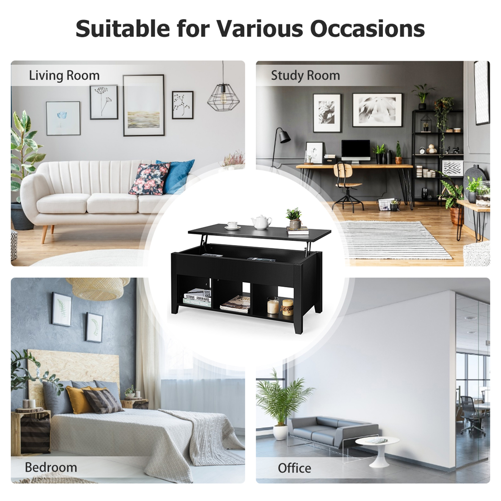 Gymax Modern Wooden Lift Top Coffee Table, Black