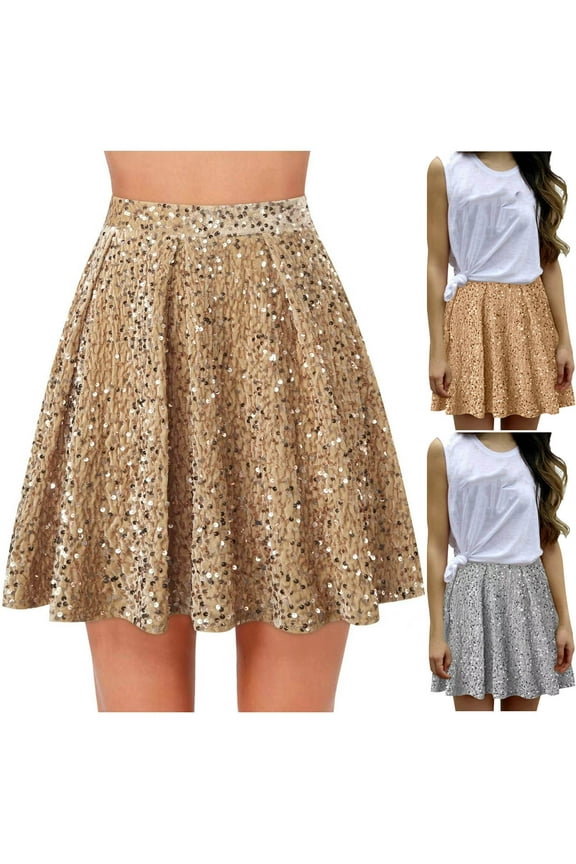 Women Sequin Mini Skirts Sparkly Flare Skirt High Waisted Elastic Party Skirts Stretchy Pleated Fashion Skirt Gold 8-10