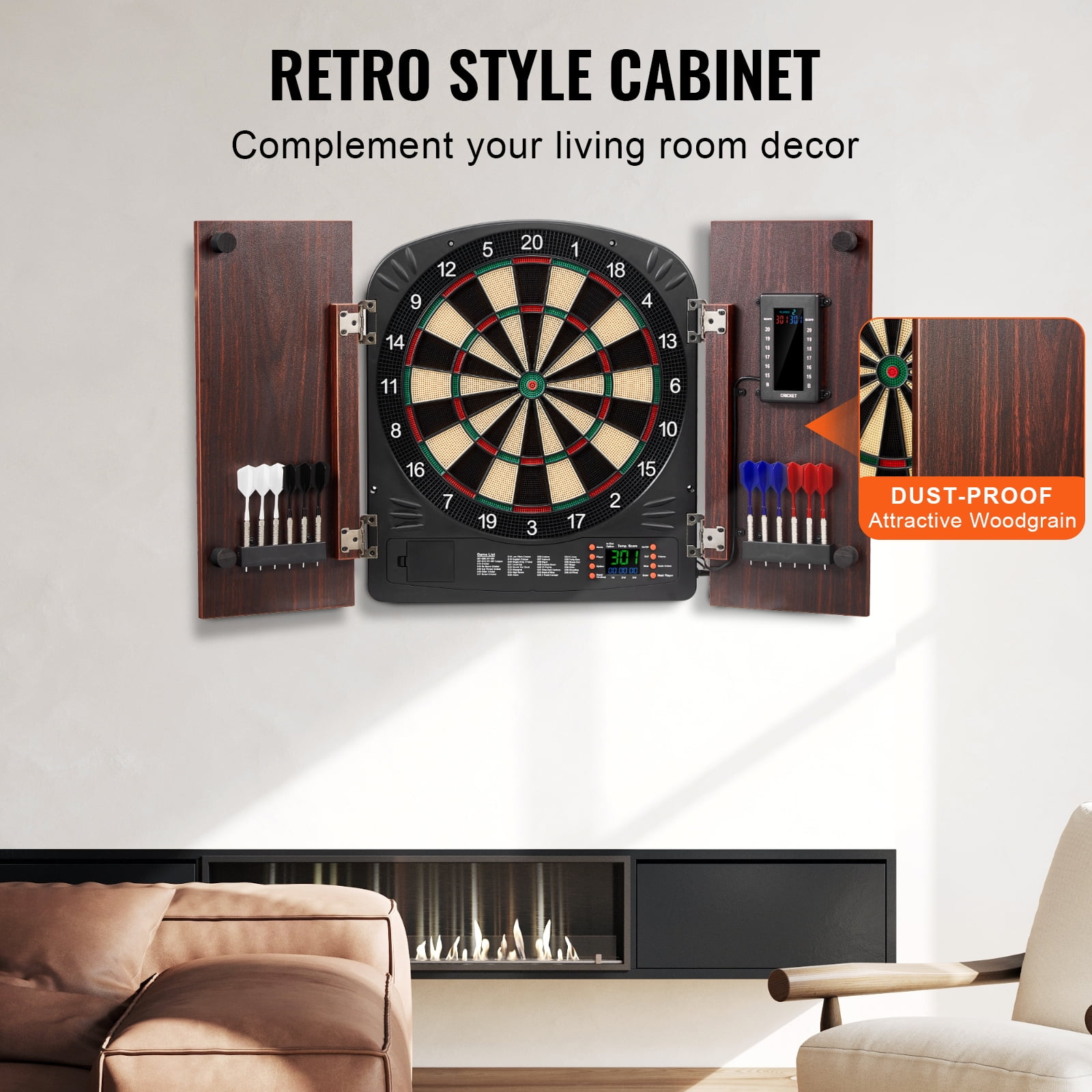 KFFKFF Dartboard with Cabinet Kit, Play-Set Bundle Dartboard Cabinet Kit, Concealed Cabinet Offers Digital Scorekeeping, Simple Installation, Comes with All Required Accessories
