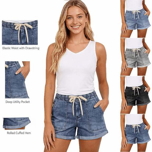 Elvqul Womens Hot Pant Summer Mid Rise Jean Shorts Pull On Pocket Beach Plain Y2K Drawstring Denim Shorts for Women