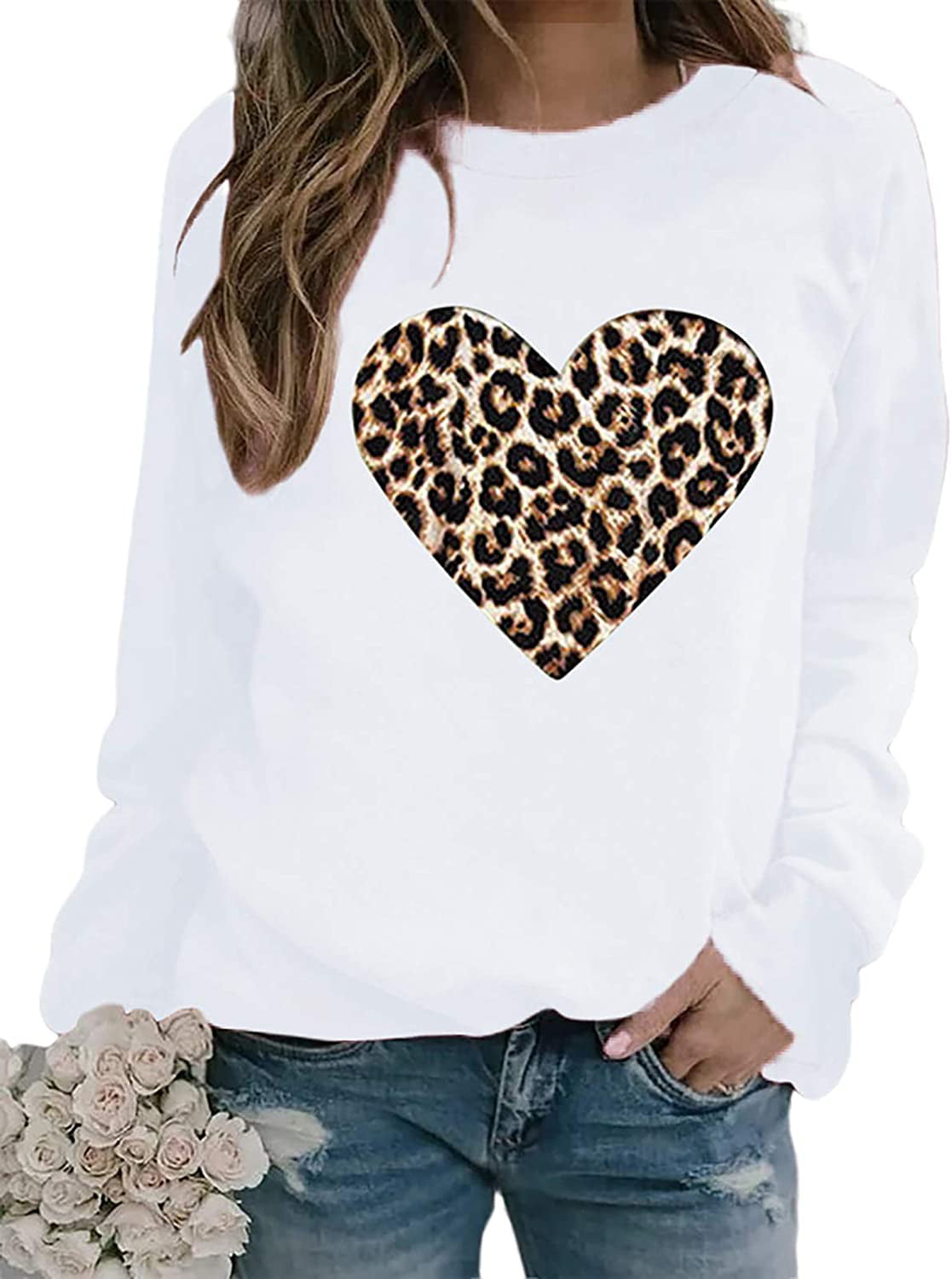 Zimaes Women Leopard Patched Round Neck Big Pockets Long Sleeve Tee Shirt