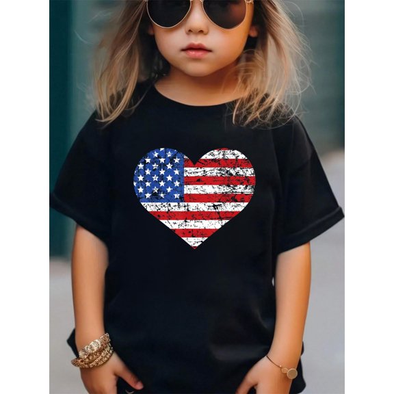 American Flag Heart Shirt, USA America 4th of July Gift Women Kids MenCotton Soft Graphic Tee Breathable Playwear T-Shirt