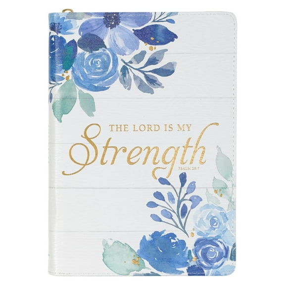 Classic Faux Leather Journal Lord Is My Strength Psalm 28:7 Blue Watercolor Floral Inspirational Notebook, Lined Pages W/Scripture, Ribbon Marker, Zip (Hardcover)