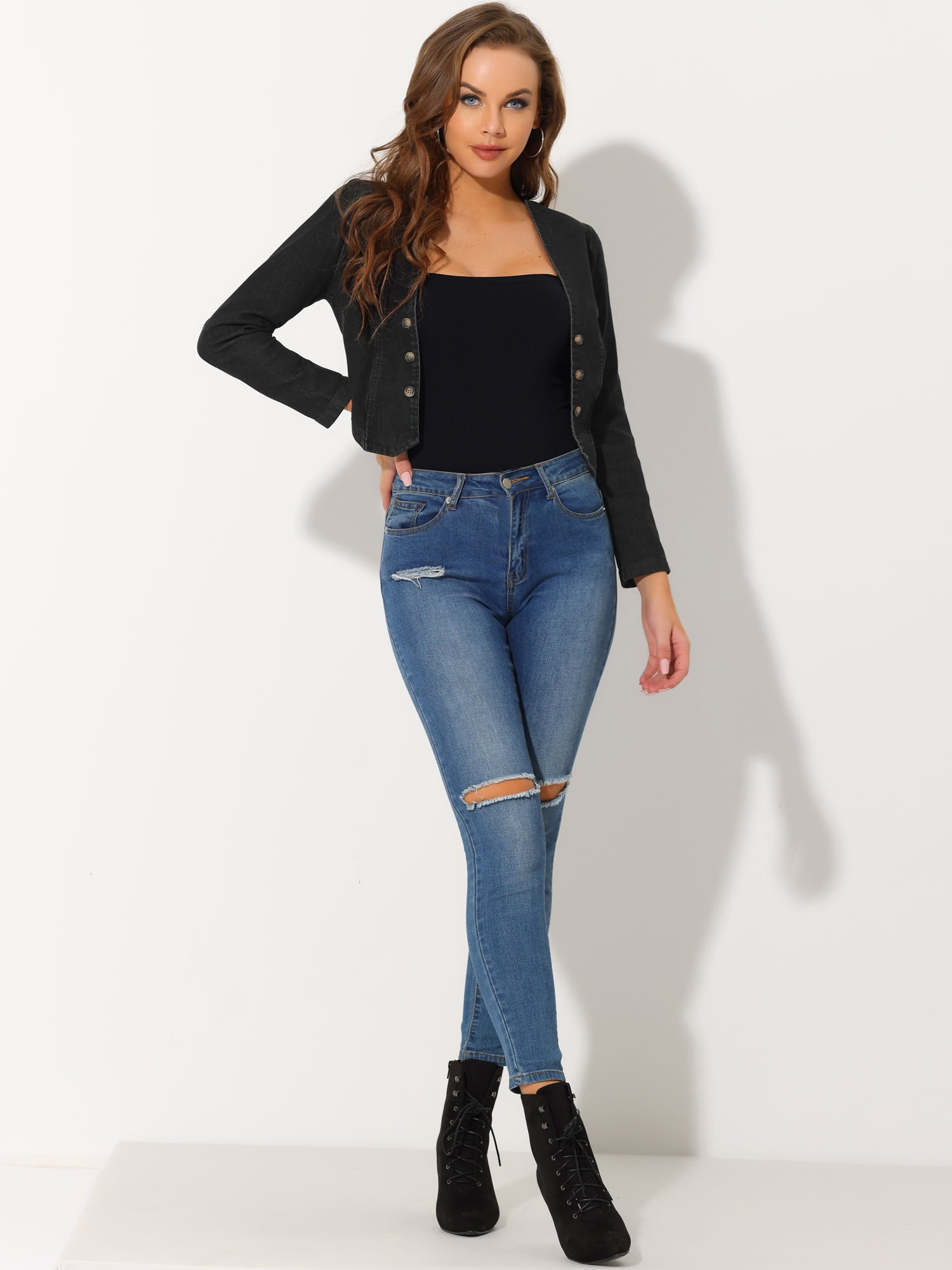 DARING DIVA Women's Denim Cropped Jacket Open Front Collarless Bolero Shrug M Black