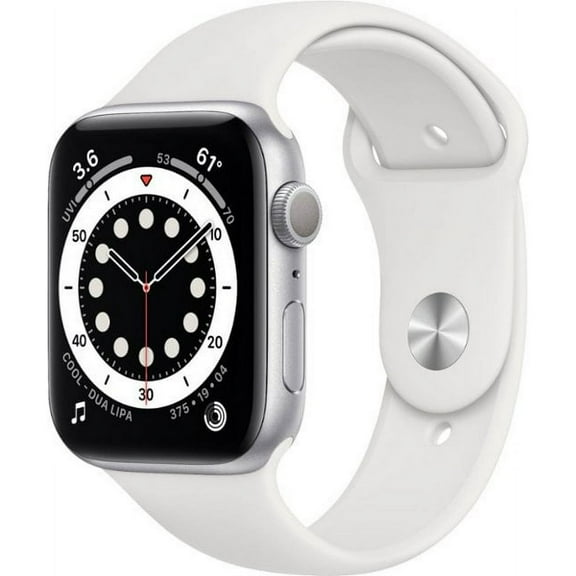 Pre-Owned Apple, M00D3LL/A-B, Watch Series 6, GPS, Aluminum Case with White Sport Band - Regular, Silver, 44mm,1,1