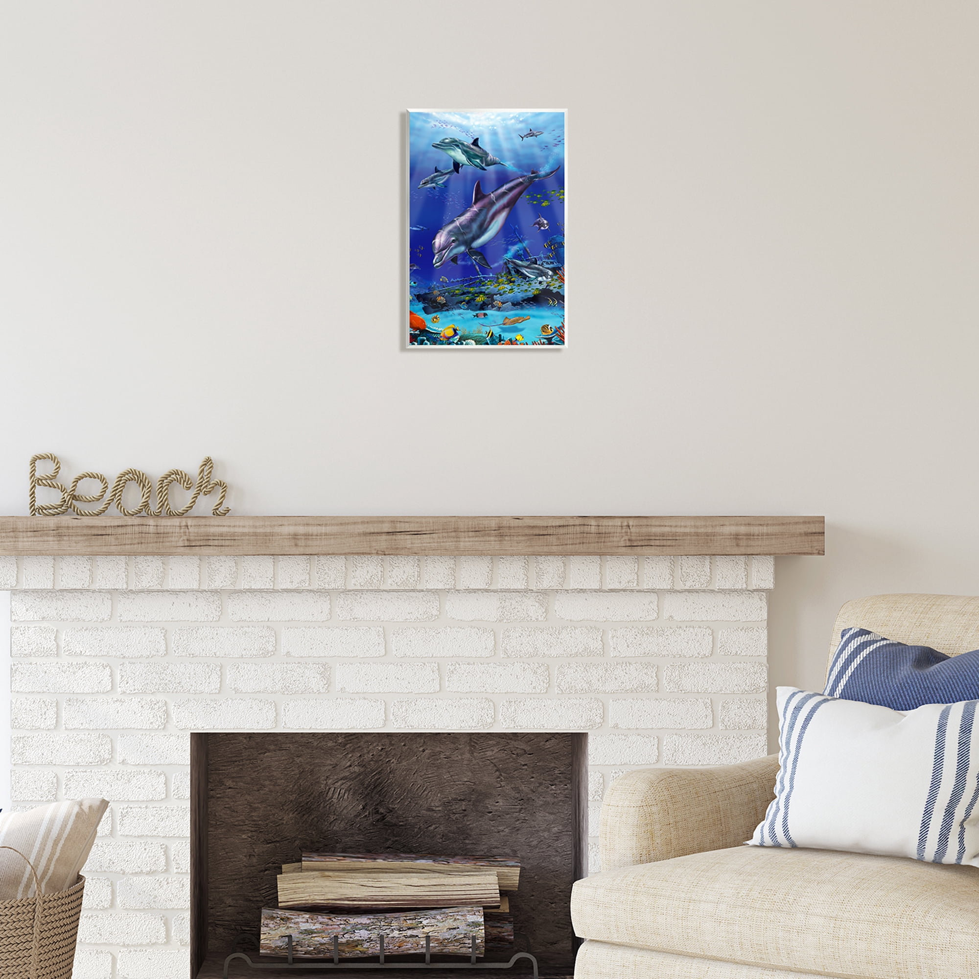 Stupell Industries Aquatic Dolphins & Fish Coastal Painting Unframed Art Print Wall Art