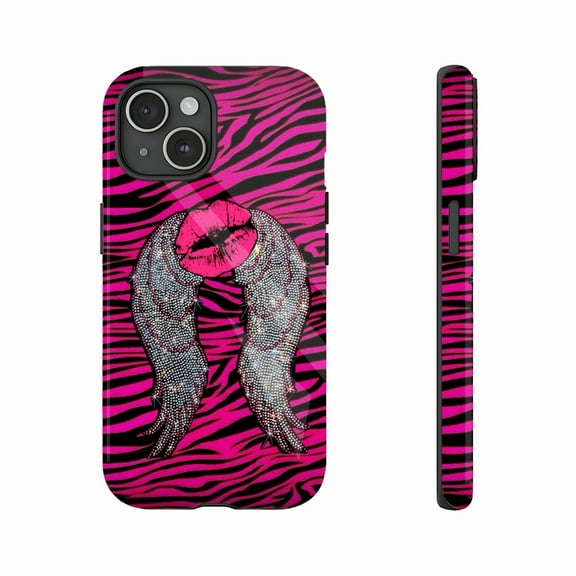 Edgy Zebra Print Wings Lips Phone Case for Trendy Girls & Party Lovers, Sparkling Rhinestone & Durable Design, Compatible with iPhone 11/12/13/14/15/16 (Pro Max/Plus)