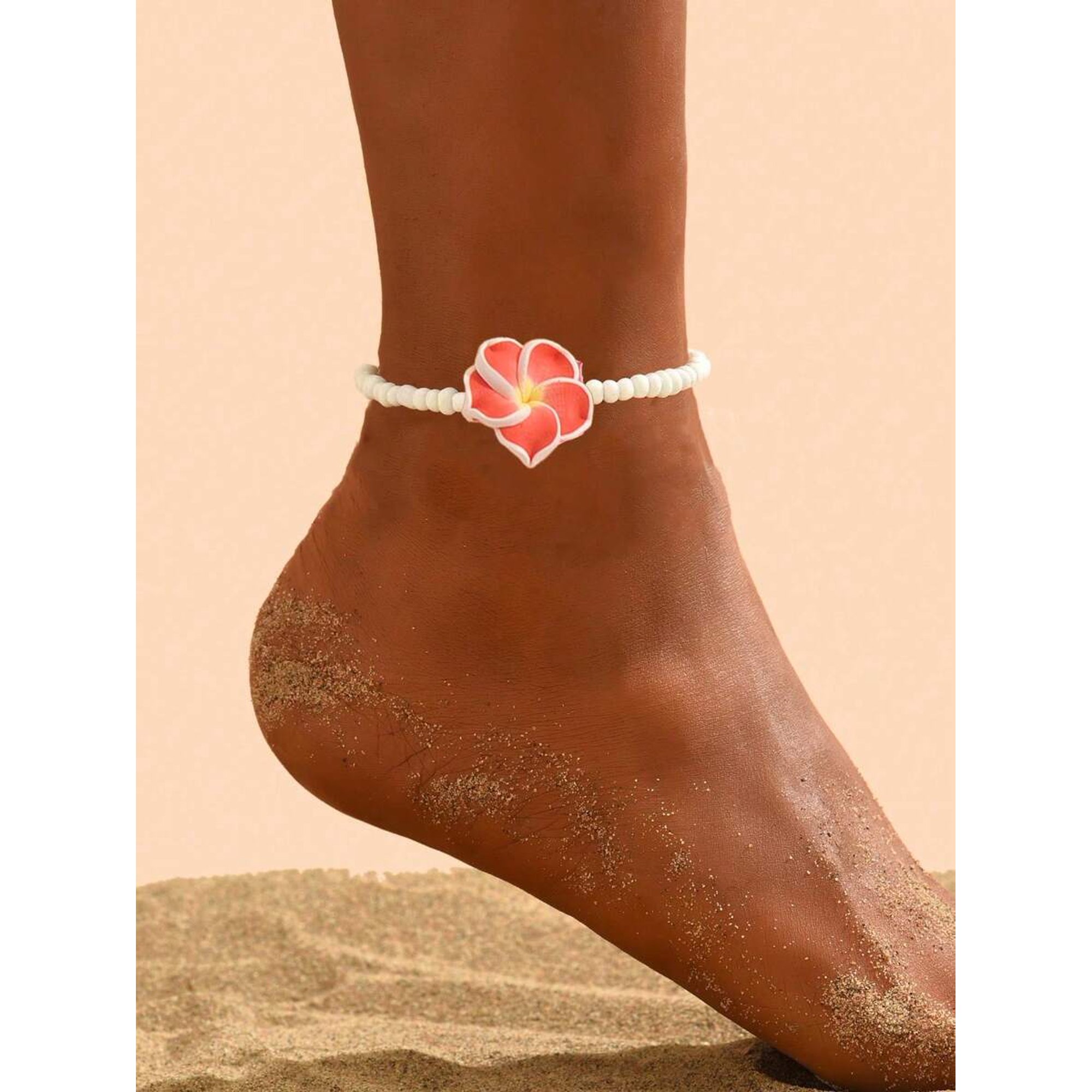 Red Beaded Plumeria Flower Anklet With Lobster Claw Clasp For Women