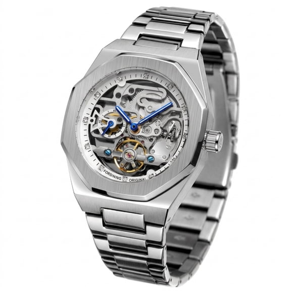 Men's Octagonal Skeleton Automatic Mechanical Watch, Stainless Steel Bracelet Wristwatch