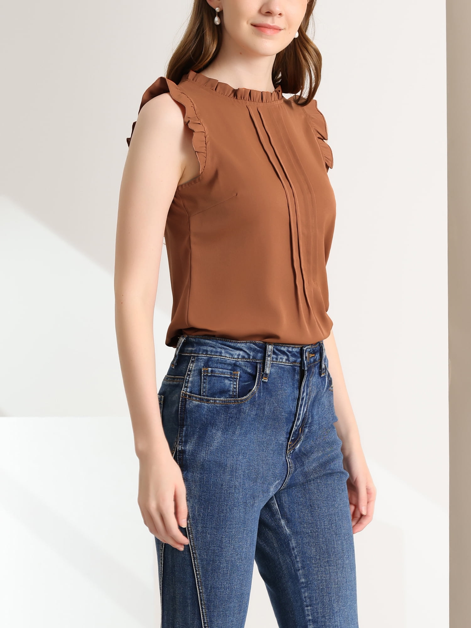 DARING DIVA Women's Ruffled Trim Pleated Plain Blouse Top M Brown