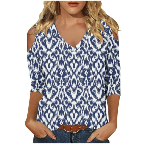 Fancifize Womens Cold Shoulder Tops 3/4 Sleeve V Neck Print Shirts Casual Going Out Blouses Outfit Fall Loose Shirt