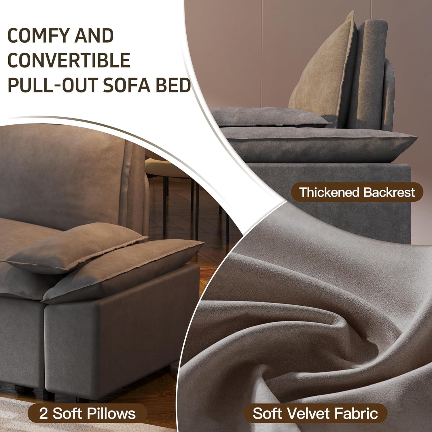 DEALTOPS Queen Pull-Out Sleeper Sofa Bed, 3-in-1 Velvet Loveseat for Small Spaces, Gray