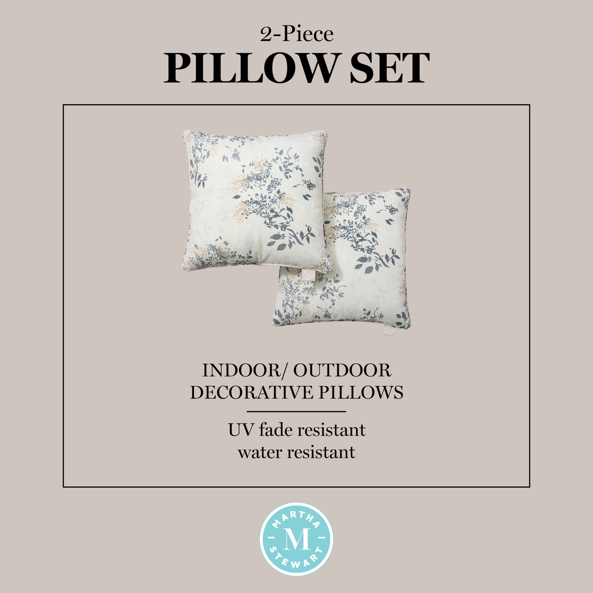 MARTHA STEWART Charming Foliage Indoor Outdoor Decorative Pillow 2-Pack Set, UV Fade Resistant, Water Repellent, Printed Floral Design, Warm Grey, 18"x18"