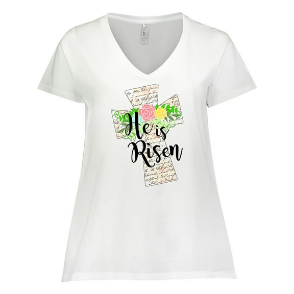 Inktastic He is Risen Cross with Script and Flowers Women's Plus Size V-Neck T-Shirt