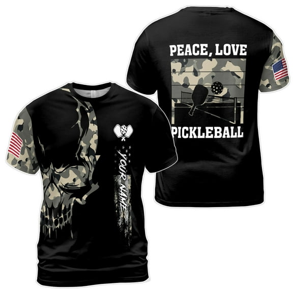 Custom Name Pickleball Amercan Flag Skull Camo Peace Love Men's T-shirt S-5XL