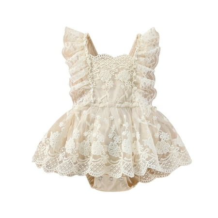 

Binwwede Baby Girls Summer Romper Plain Floral Lace Embroidery Skirt Layered Adjustable Straps One-Piece Snap Triangle-Bottom Jumpsuit