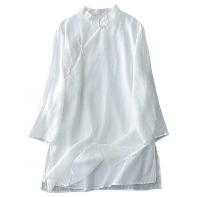 YFELWZ Womens Plus Size Double Layered Literary Retro Placket Pan Button Linen Three Quarter Sleeve Solid Color Midi Top White L