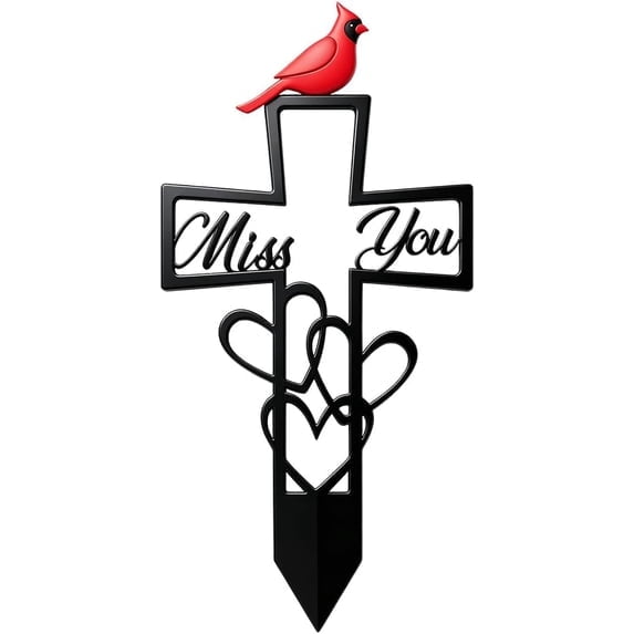Metal Cemetery Memorial Plaque, Cardinal Grave Marker with Cross, Miss You Script and Heart, Outdoor Garden Stake for Remembrance(12in)