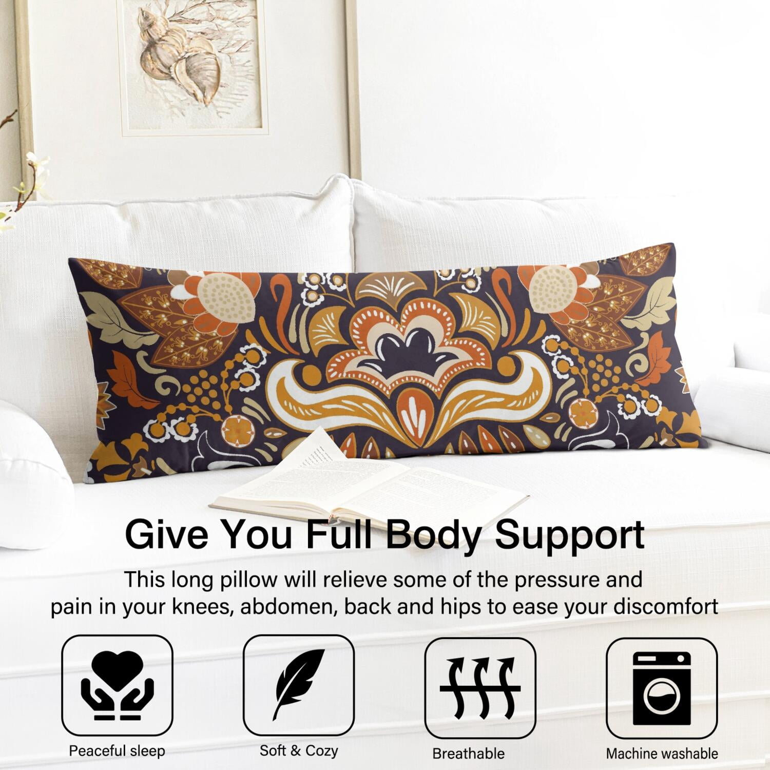 Vintage Paisley Boho Body Pillow Cover 20x54 - Retro Floral Long Pillow Case, Full Body Support for Comfortable Lounging & Sleep