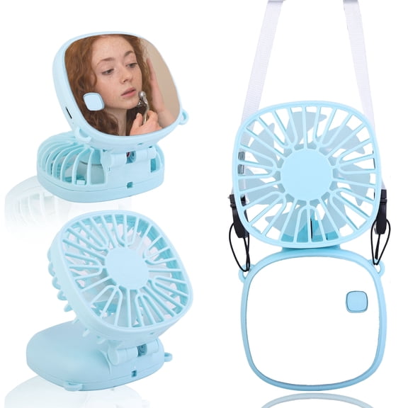 JELLOO Handheld Small Fan, Neck Hanging Folding Fan, Portable USB Charging Makeup Mirror, Multi purpose Fan