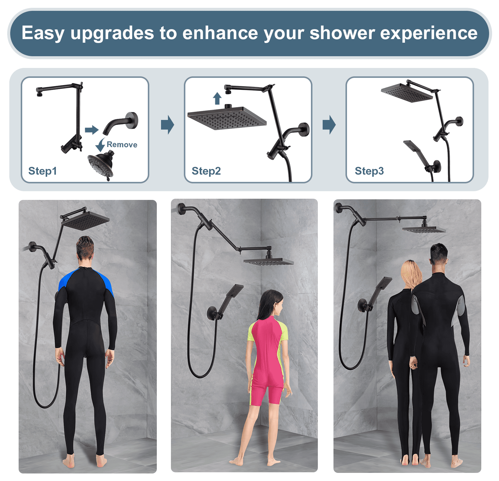 BRIGHT SHOWERS High Pressure Rain Shower Head Combo with Double Extension Arm, 8 Inch Rainfall Shower Head with Handheld Spray, Height Adjustable Dual Square Showerhead Set, Oil-Rubbed Bronze