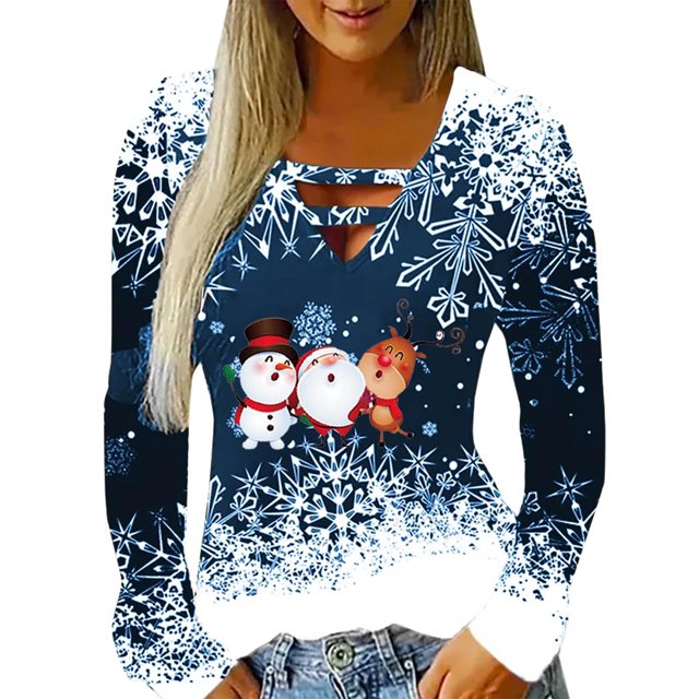 Camisas Navideñas Para Mujer Tops de Manga Larga Con Cuello en V Blusa Regular Estampada Odeerbi ODB198931