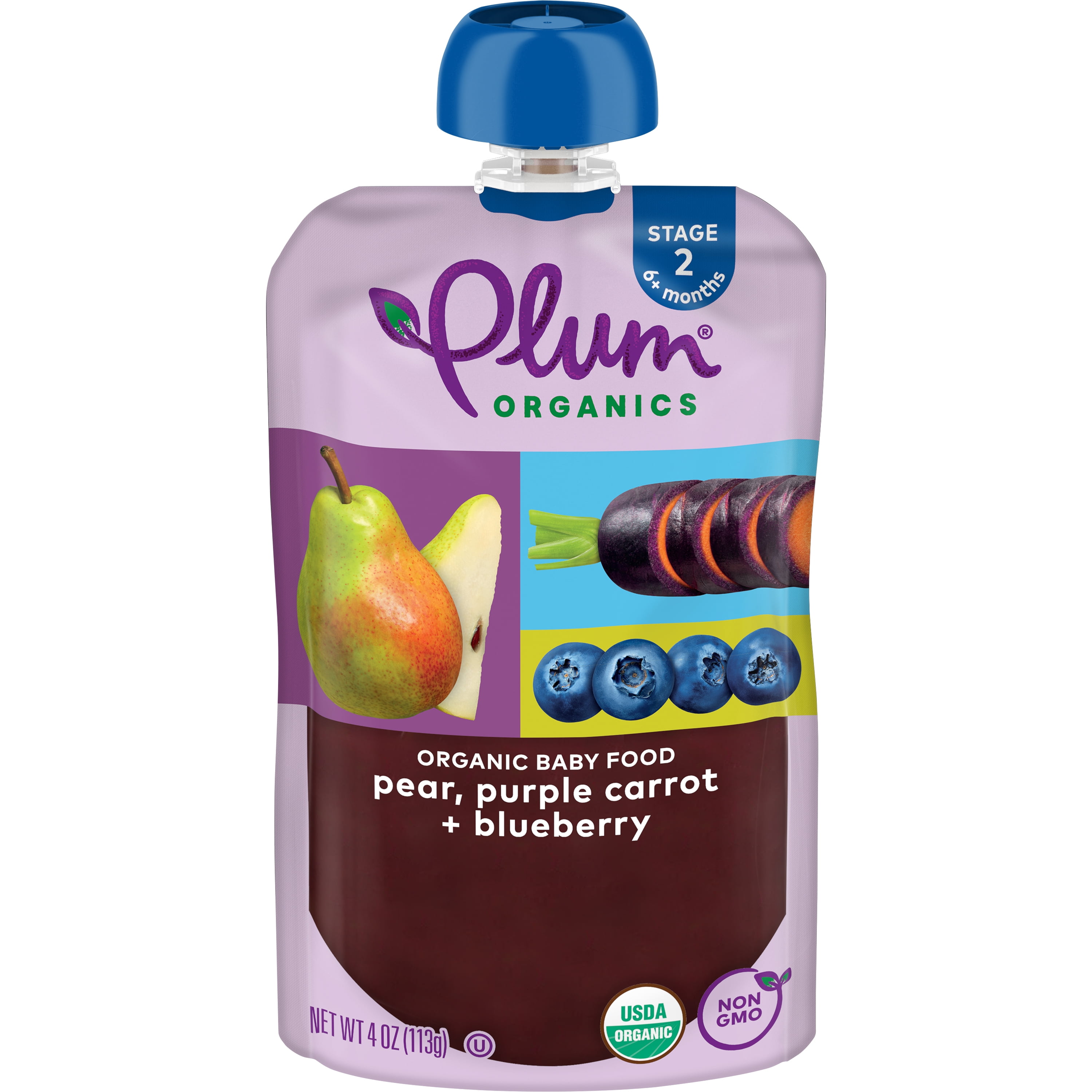 Plum Organics Stage 2 Organic Baby Food, Pear, Purple Carrot and Blueberry, 4 oz Pouch - Case of 12