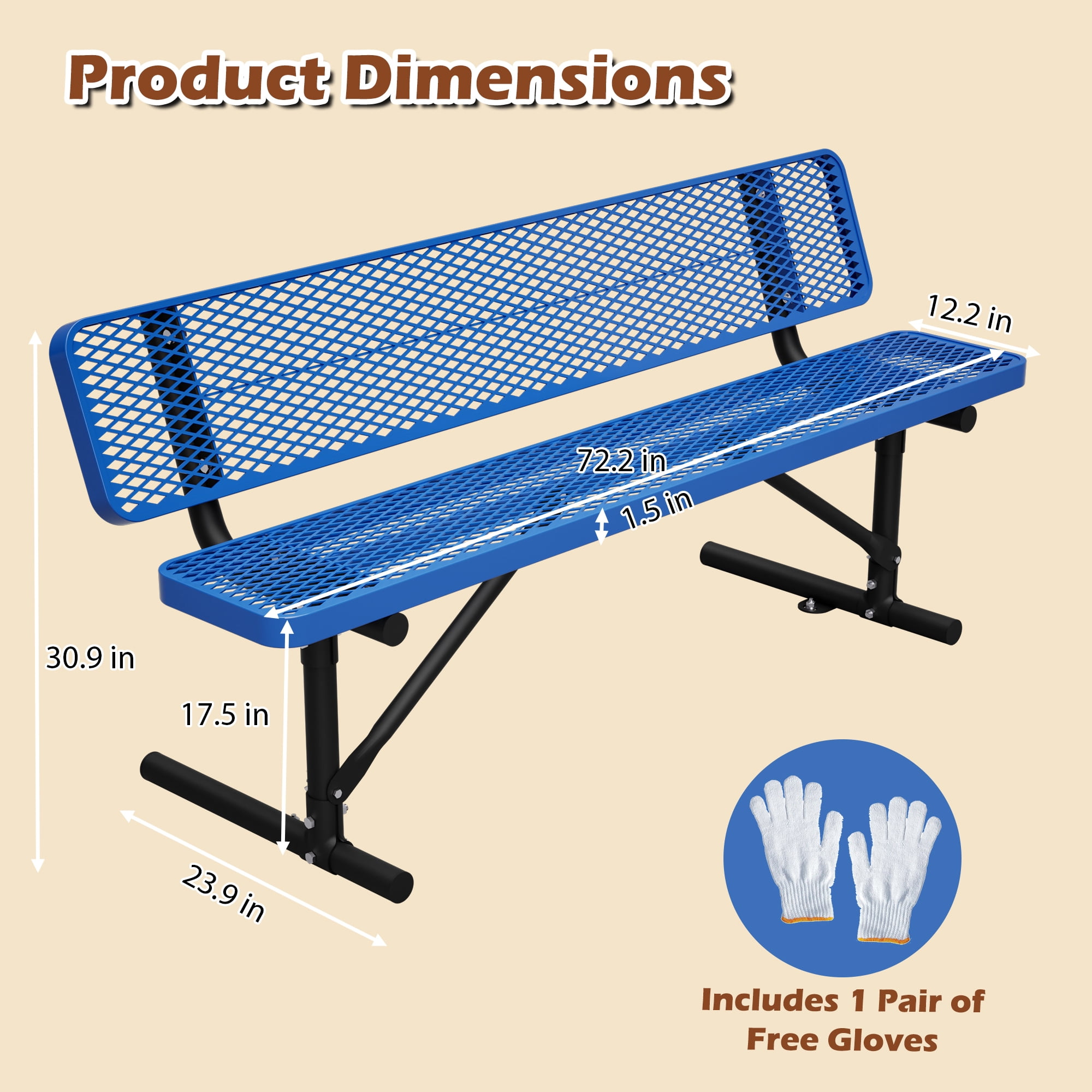 72" Outdoor Picnic Bench for 3-4 Person,All Weather Metal Outdoor Dining Chair for Garden,Patio,Park,School,Blue