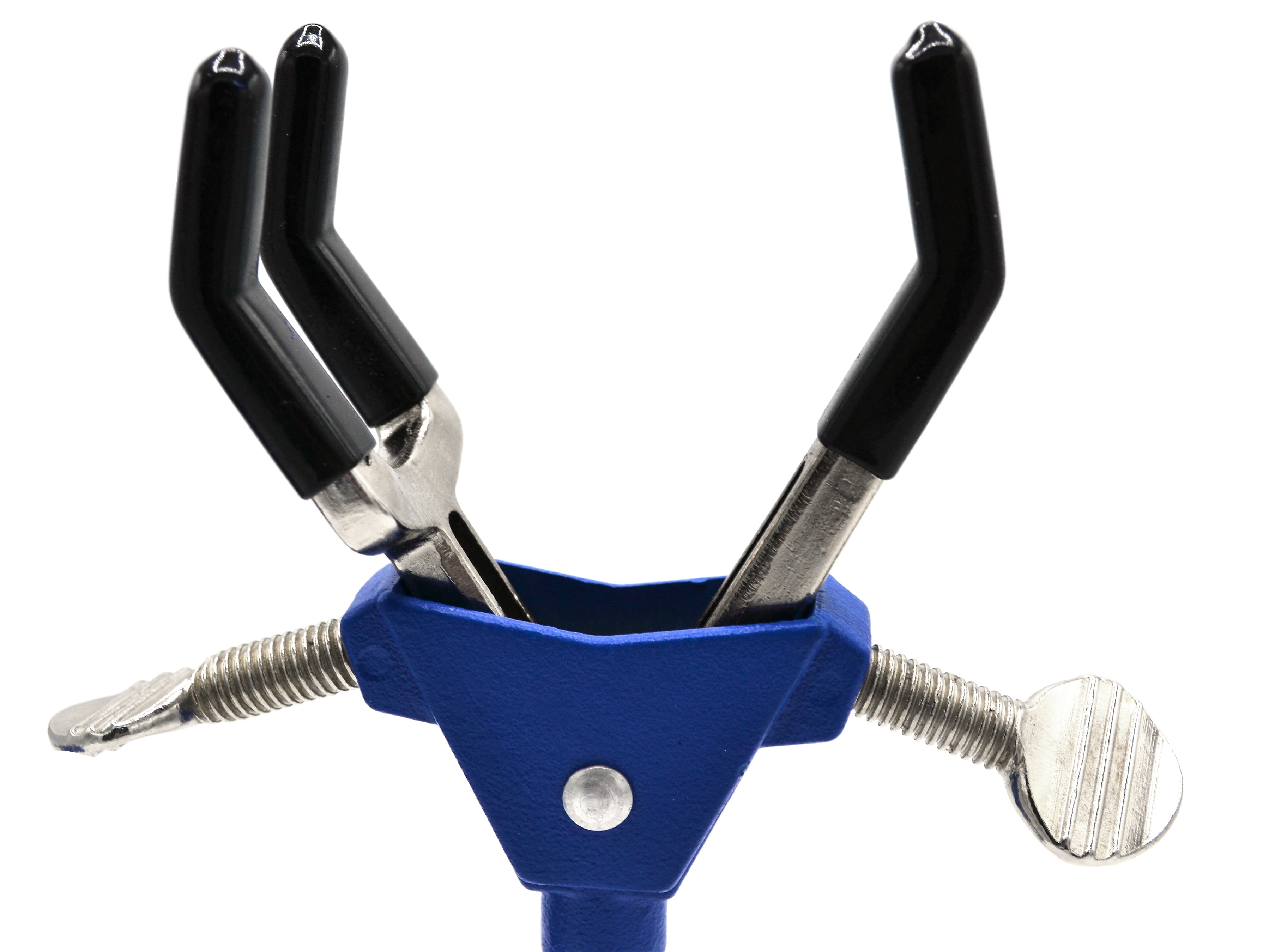 3 Finger, Vinyl Coated Dual Adjustable Extension Clamp on Stainless Steel Rod - 2.3" Max Clamp Opening, 5" Rod - Powder Coated Zinc Alloy - Research, Industrial Laboratory Grade -  Eisco Labs