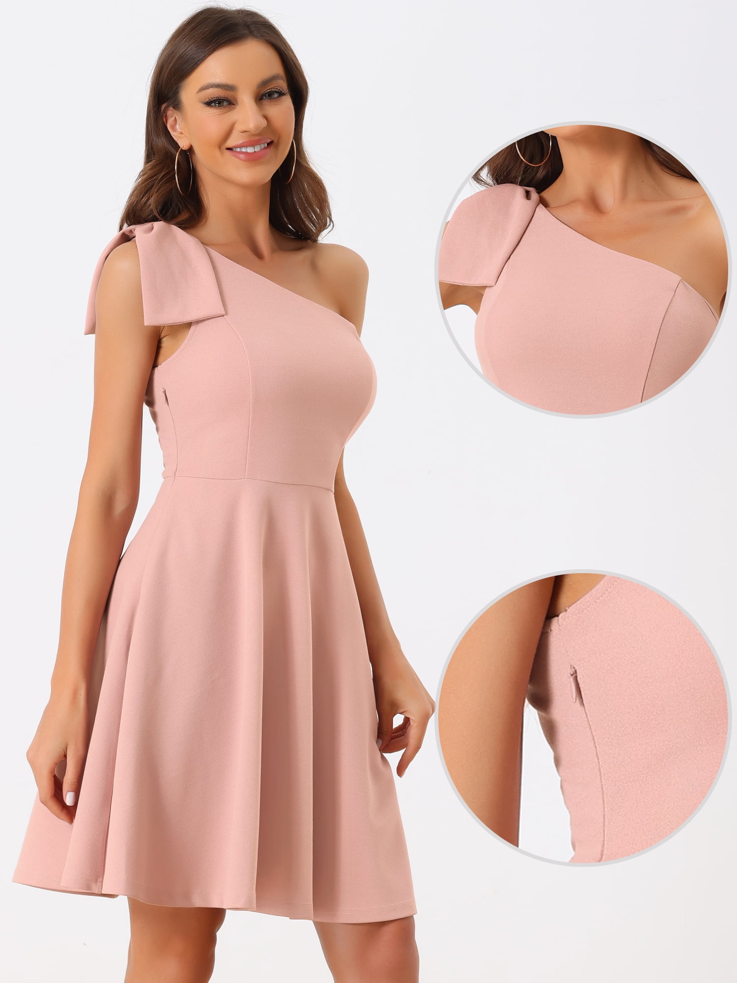 DARING DIVA Halloween Costume Bow One Shoulder with Pockets Swing Dress XS Pink