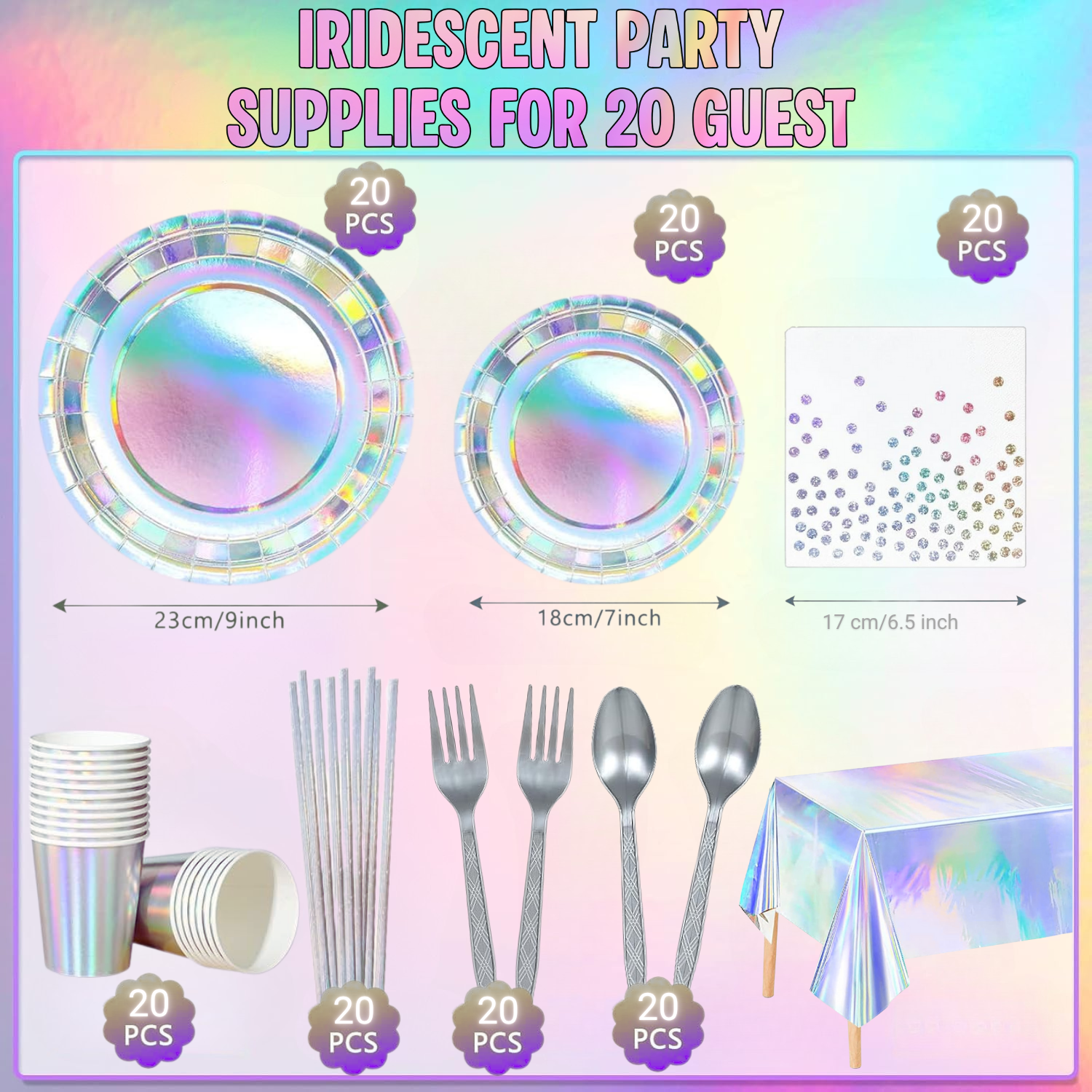 141 Iridescent Party Supplies Decorations, Holographic Paper Plates and Napkins Set, Disposable Tablecloth Set for Mermaid Disco Birthday Wedding Anniversary Party