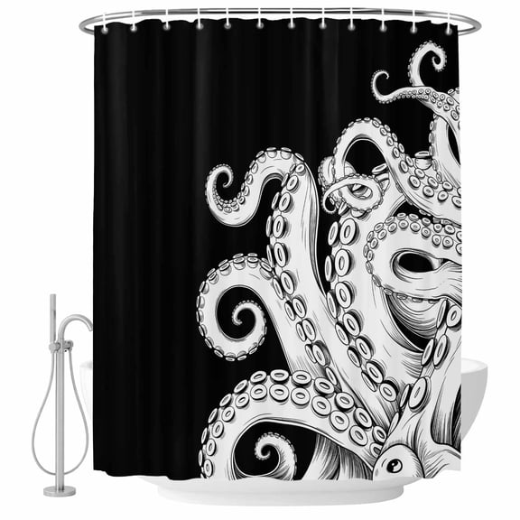 Black White Octopus Shower Curtain, Waterproof Shower Curtains for Bathroom, Coastal Ocean Animals Nautical Washable Fabric Bathtub Curtain Set Bath Decor with 12 Hooks 48"x72"