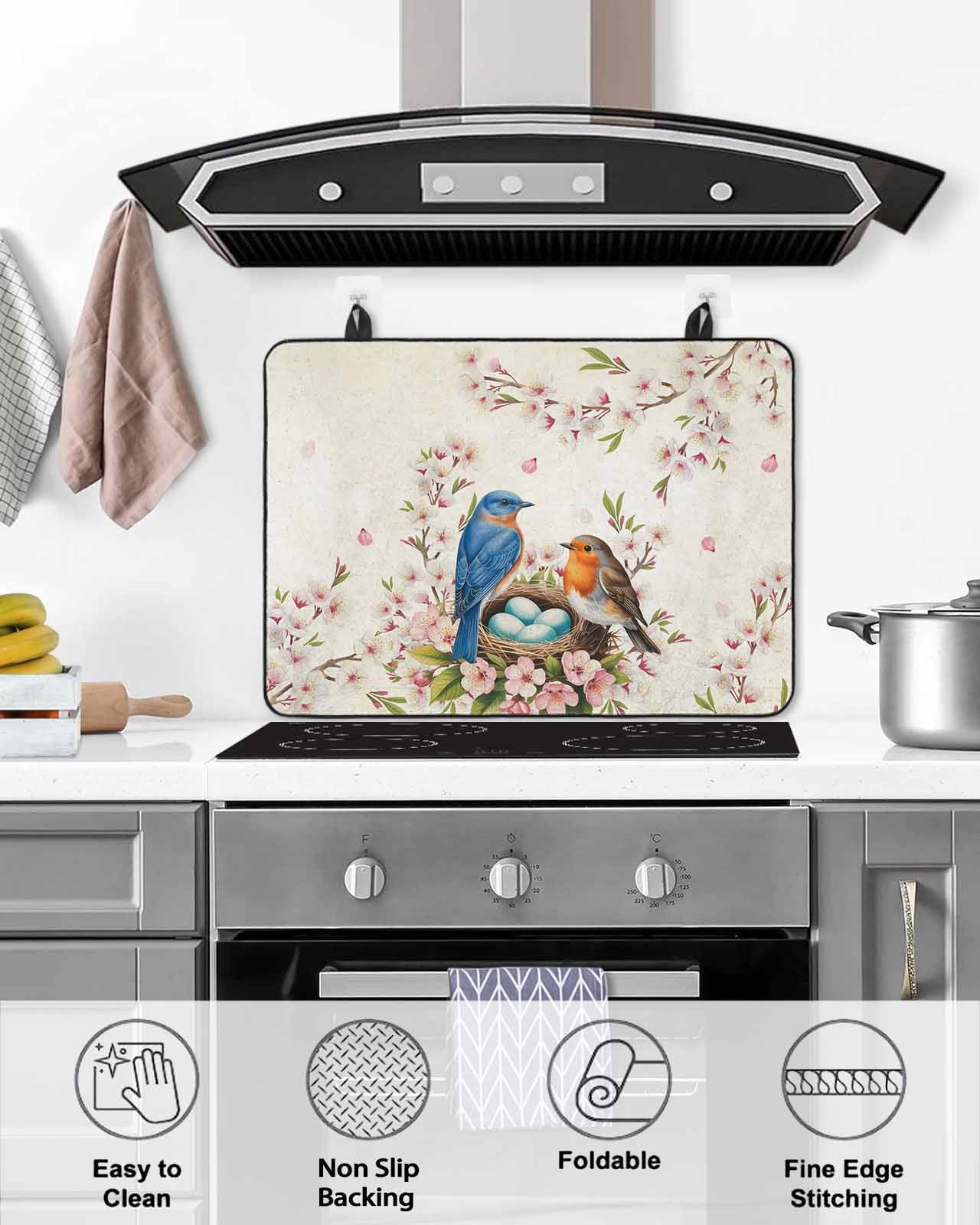 Large Induction Cooktop Protector Mat Birds Floral Stove Top Covers for Electric Stove, Farmhouse Vintage Pink Flower Leaf Decorative Stove Burner Cover Mats, Glass Top Stove Cover