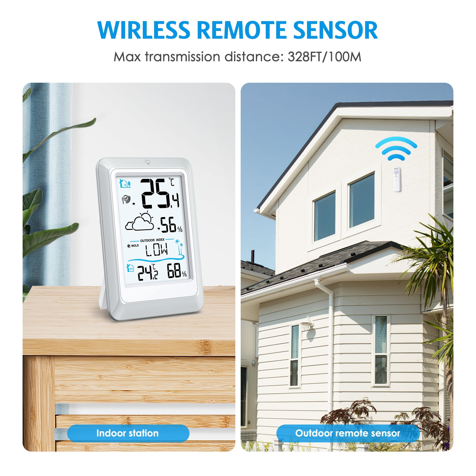 Weather Station, AMIR Indoor Thermometer Outdoor Thermometer with 330ft Remote Sensor Humidity Gauge for Home Greenhouse Office