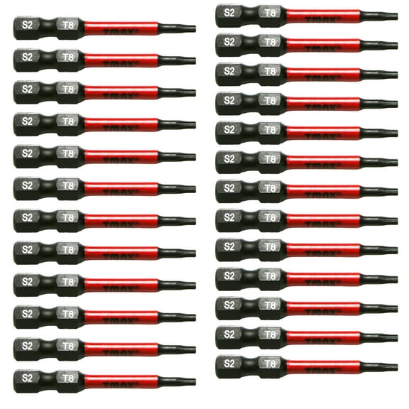 TMAX 25 pc T8 Torx Star 6 Point T-8 Black High Torque Impact Screwdriver Insert Bits Set S2 Steel Torsion Resistant, 2 Inch Long, 1/4 Inch Hex Shank with Quick Release Slot