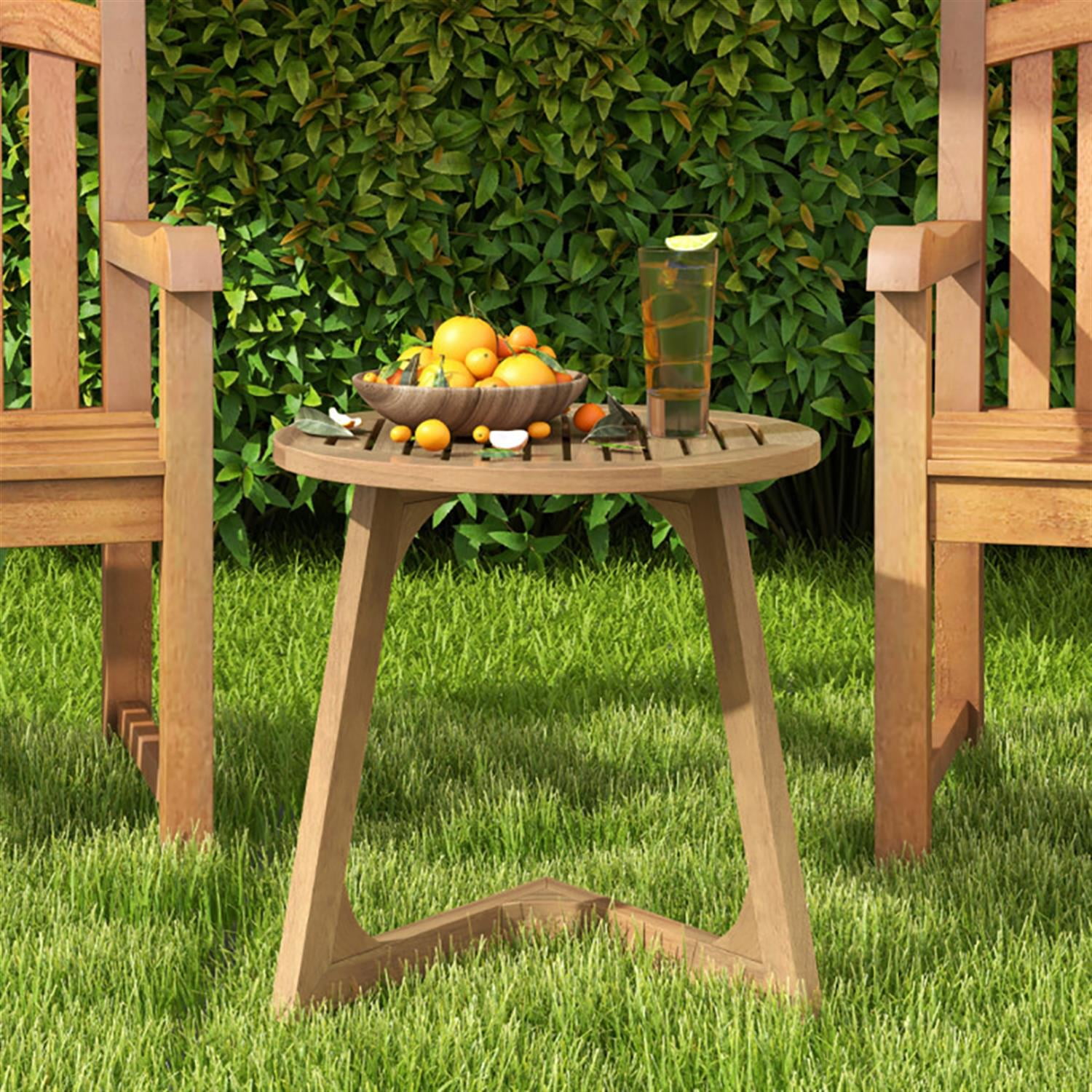 Demi Bonn Teak Wood Sofa Side Table, Round End Table with Slatted Tabletop for Small Spaces, Living Room, Bedroom, Brown