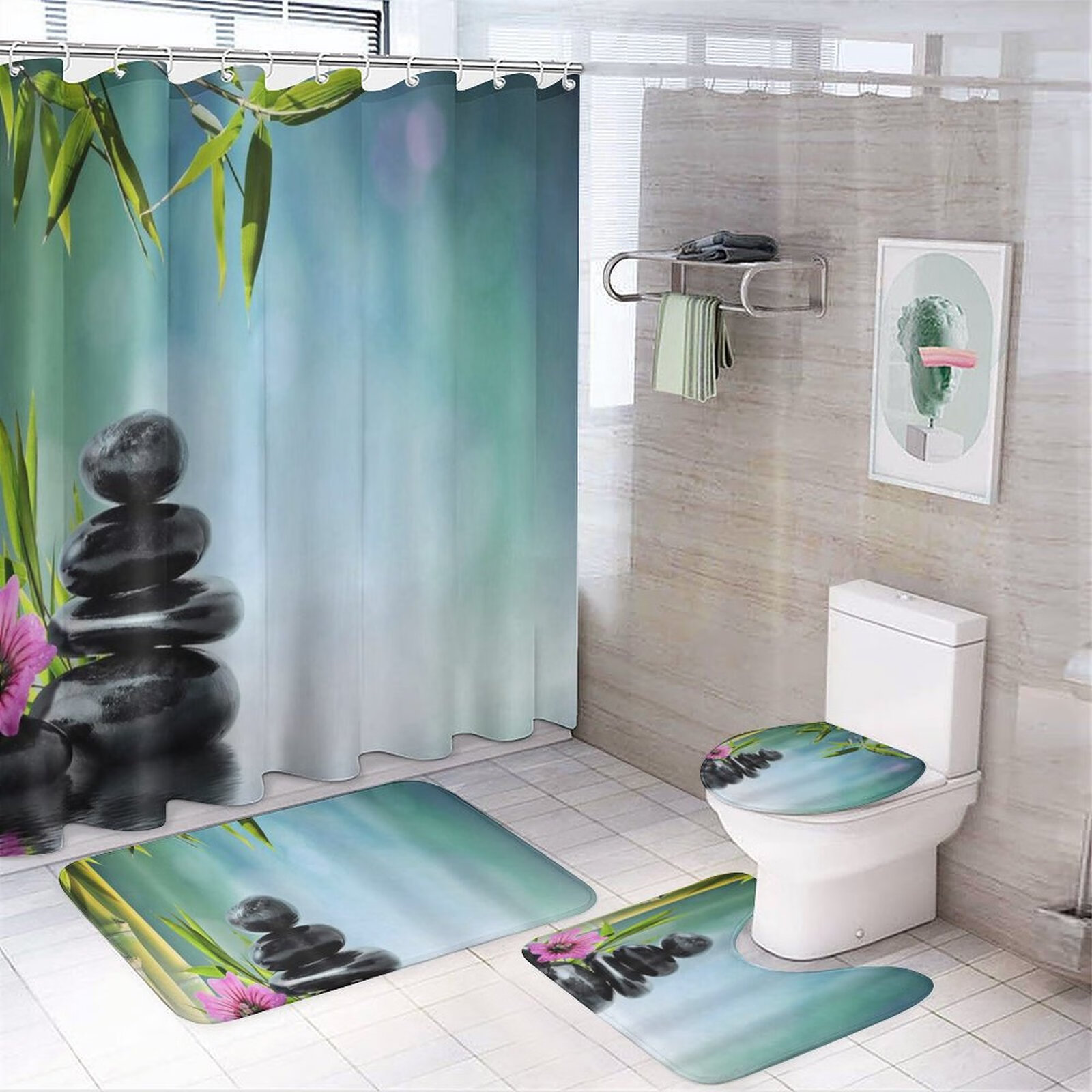 Stone Water Bamboo Flower Beautiful Bath Mats Non-Slip Absorbent