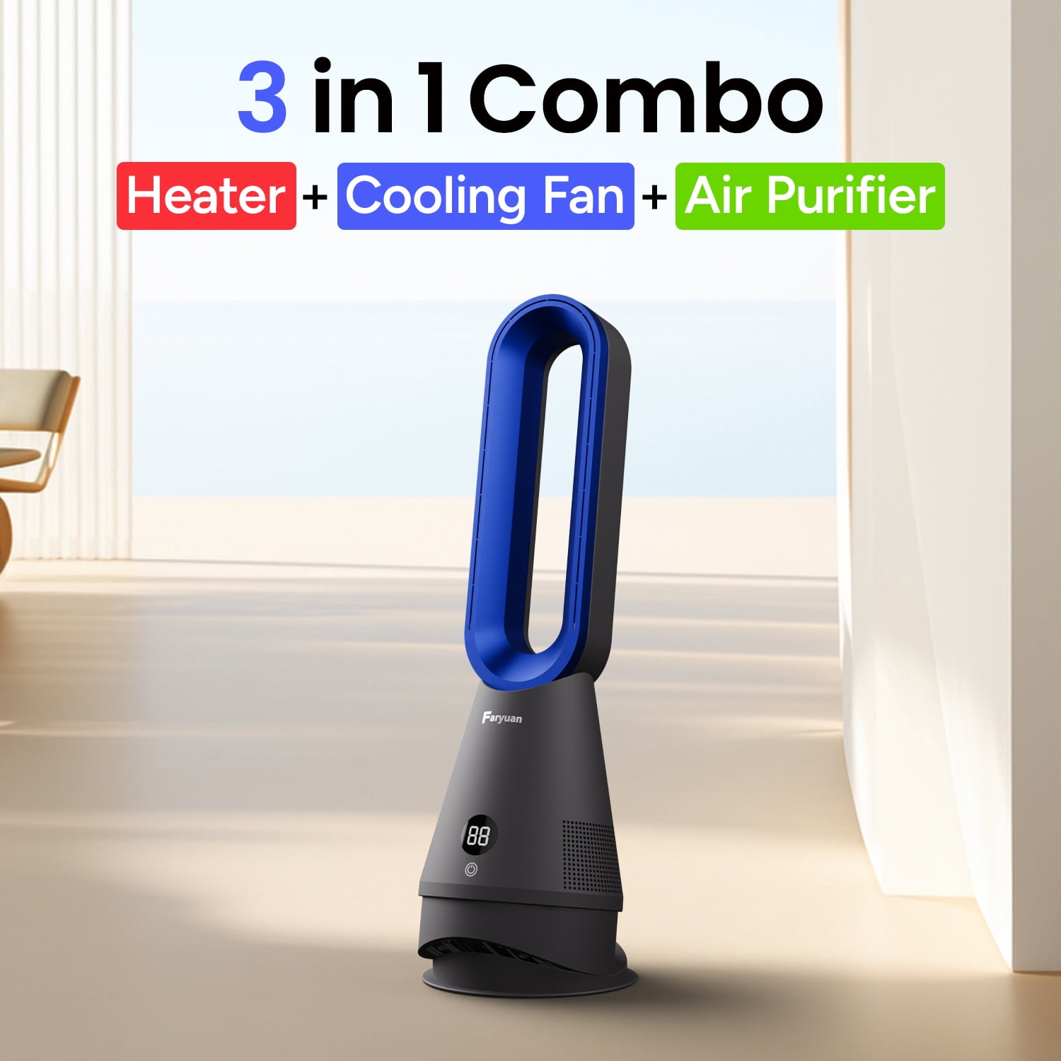 Faryuan 3-in-1 Bladeless Tower Fan & Space Heater with Filter, 80° Oscillating 10-Speed Cooling Fan with Remote, 9H Timer for Large Room, Blue