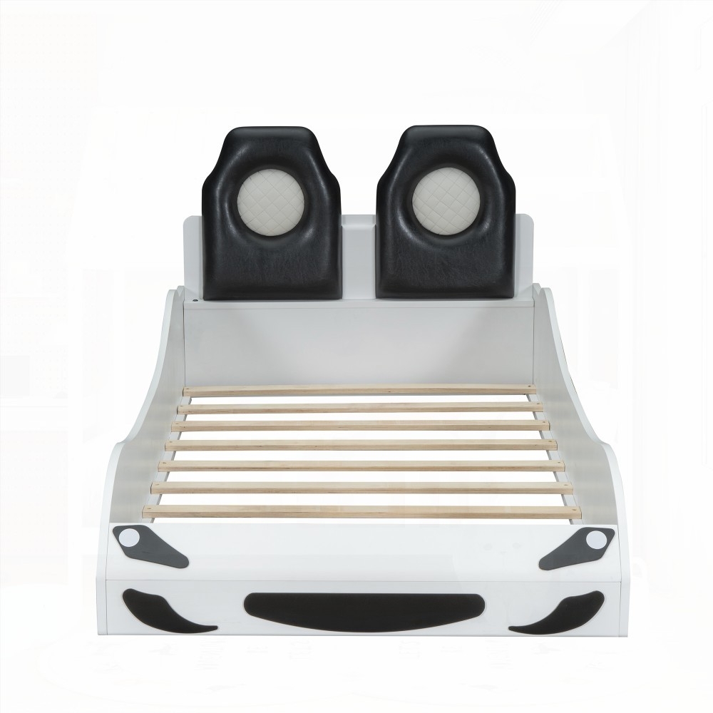 White Twin Size Race Car Platform Bed Featuring Upholstered Backrest & Under-Bed LED Lighting