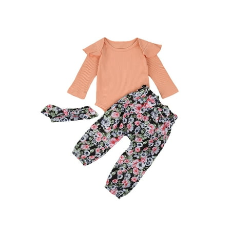 

Canrulo Toddler Baby Girls Clothes Long Sleeve Ruffle Romper Tops Floral Pants Headband 3Pcs Kids Fall Winter Outfits Pink 18-24 Months
