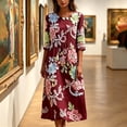 thumbnail image 5 of VBVC Women's and Women's Plus 3/4 Sleeve Midi Dress, Summer Casual Crew Neck Dress For Women, Ladies' Loose Fit Floral Dress with Pockets,Wine,S-5XL, 5 of 7