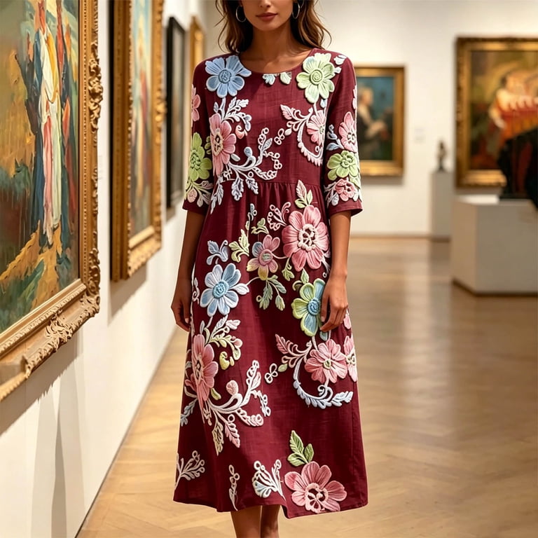 casual midi boho dresses for women Women's Fall Dresses V Neck Long Sleeve Flowy Swing Casual Floral Boho Midi Dress with Pockets