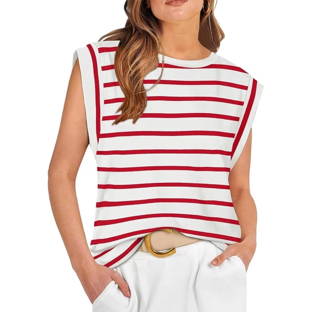 Huggegwe Haut Femme Été 2024 Décontracté Col Rond Style Urbain Rayé CJB91-127409