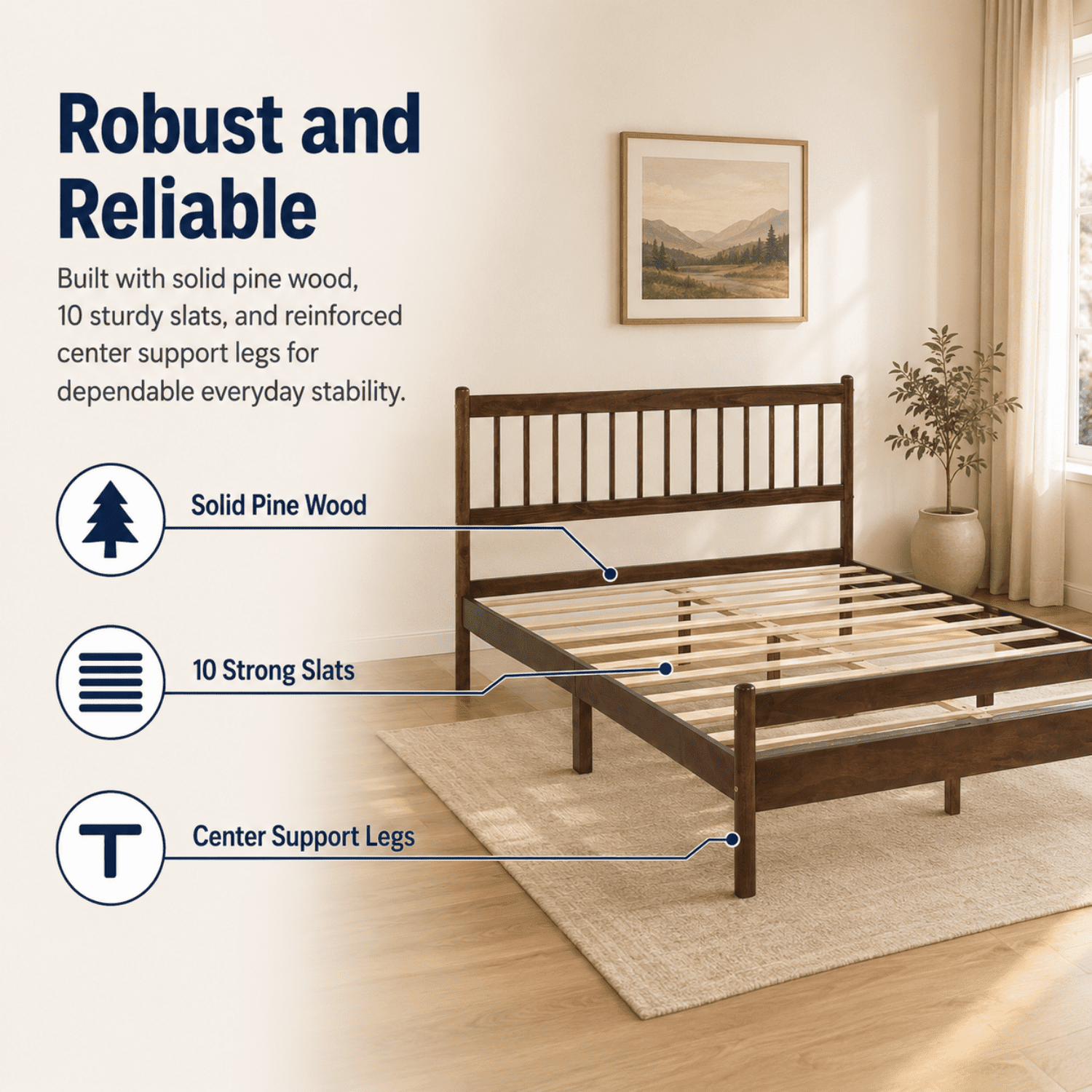 Miniyam Queen Pine Wood Platform Bed Frame with Spindle Headboard, 9.8" Underbed Storage, Walnut