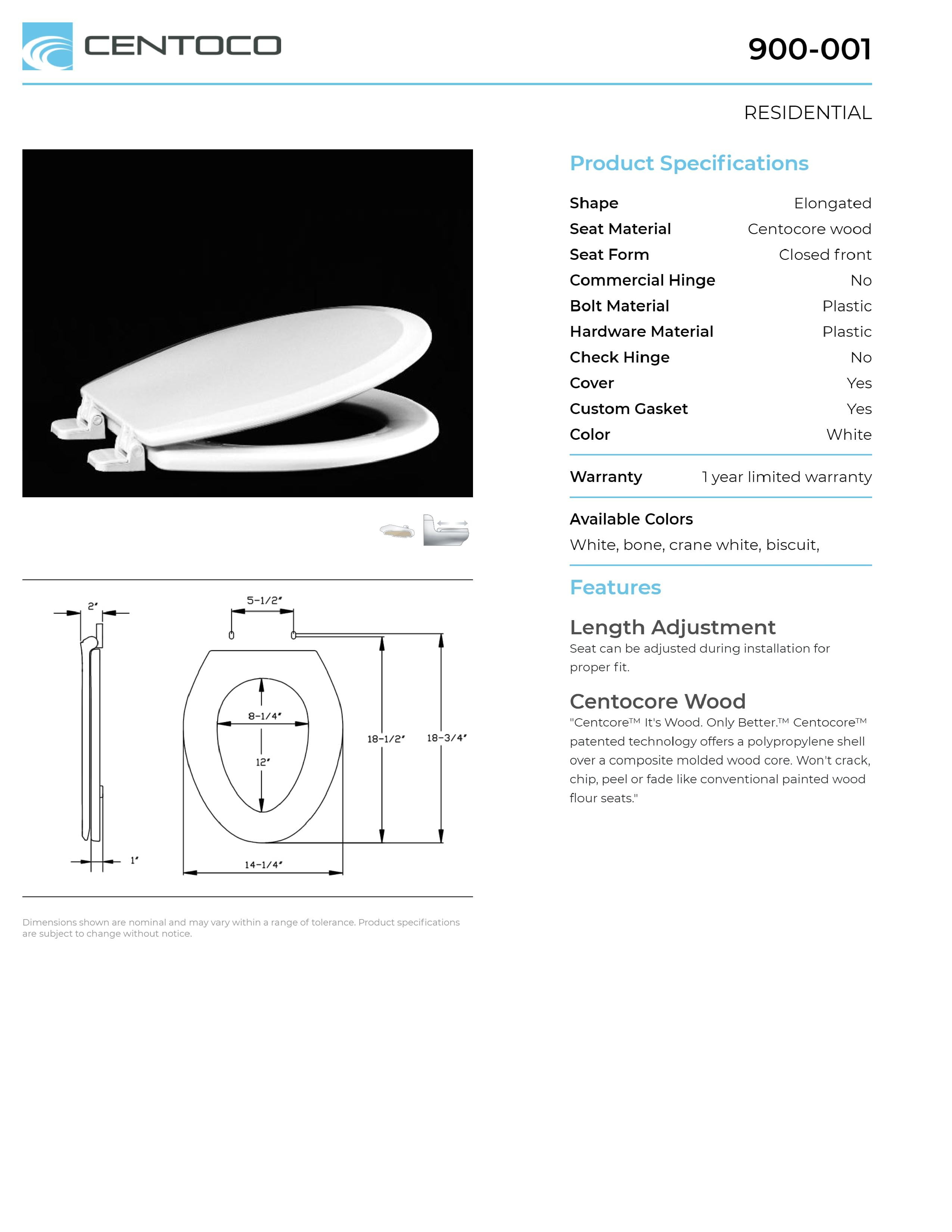 Centoco 900-001 Elongated Molded Wood Toilet Seat, Centocore Technology, White