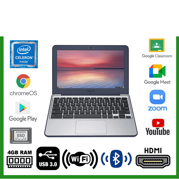 Pre-Owned Asus Chromebook C202SA-YS02 Intel Celeron N3060 1.6GHz 4GB RAM 16GB SSD, Blue(Scratch and Dent)