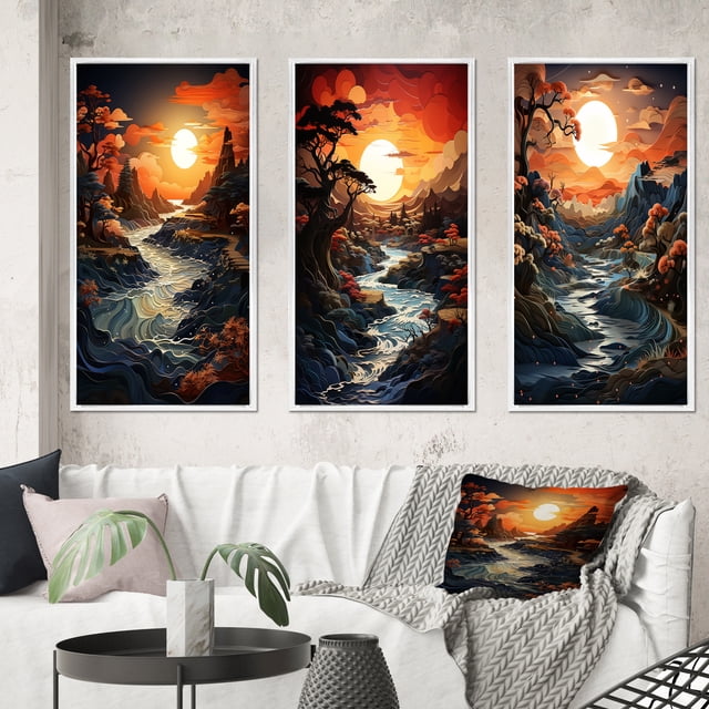 Designart "Moonlit Serenity Papercut Sunset II" Landscape & Nature Framed Wall Art Set Of 3 - Yellow Sunset Frame Gallery Wall Set For Home Decor