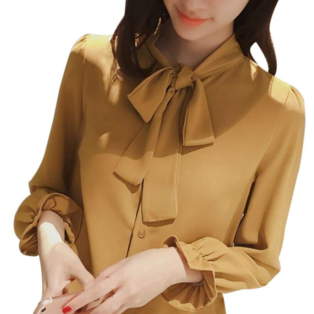 Bow Neck Women's Long-sleeved Chiffon Blouse Shirt Top Solid Color